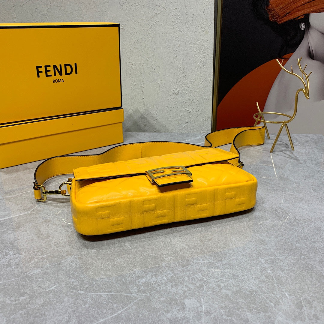 Fendi Yellow FF Embossed Leather Baguette Shoulder Bag