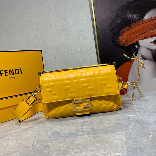 Fendi Yellow FF Embossed Leather Baguette Shoulder Bag