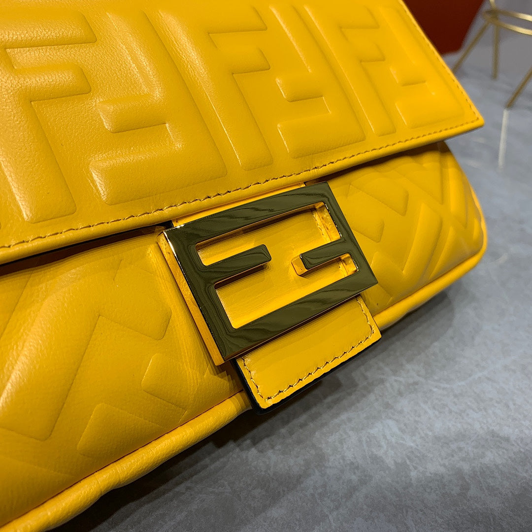 Fendi Yellow FF Embossed Leather Baguette Shoulder Bag