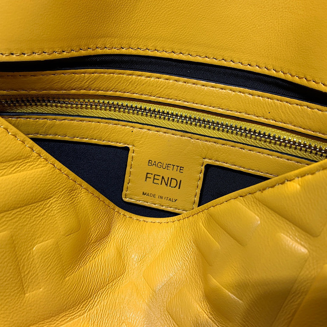 Fendi Yellow FF Embossed Leather Baguette Shoulder Bag
