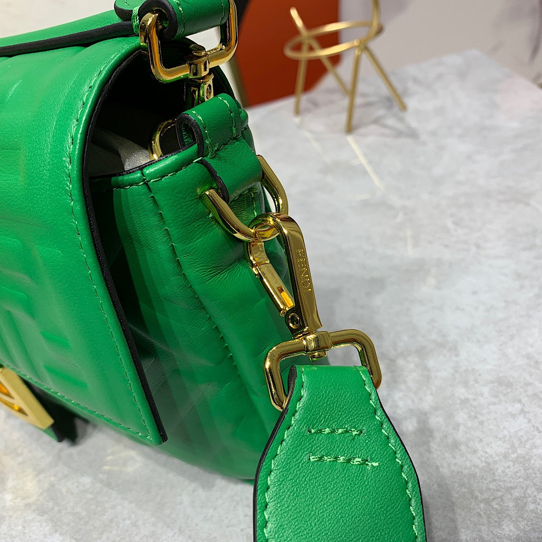 Fendi Baguette Green FF Embossed Leather Shoulder Bag