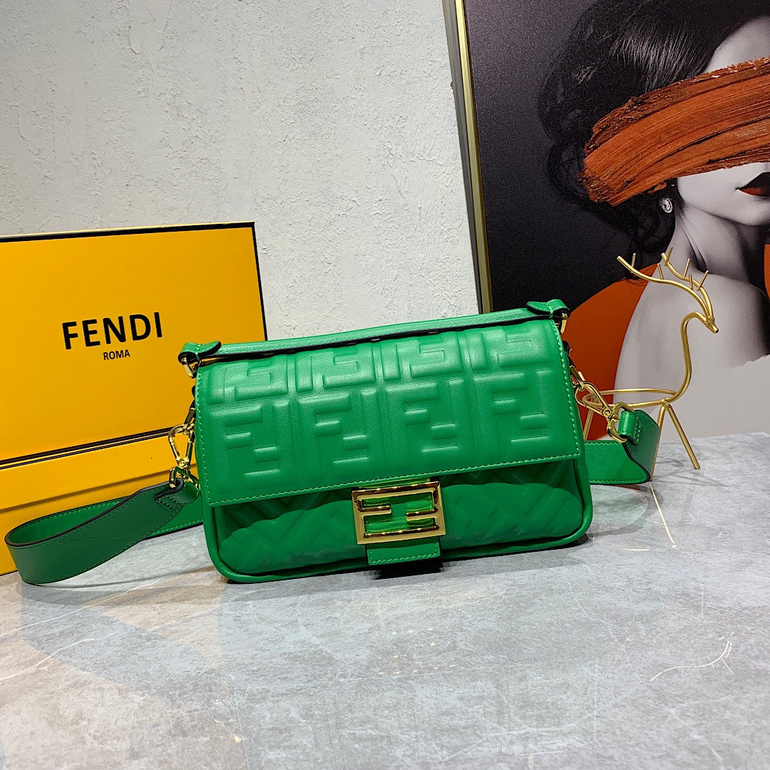 Fendi Baguette Green FF Embossed Leather Shoulder Bag