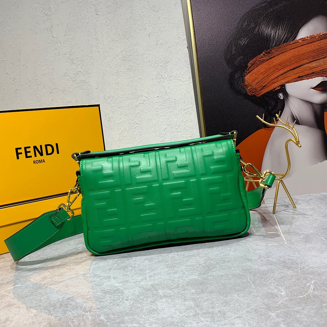 Fendi Baguette Green FF Embossed Leather Shoulder Bag