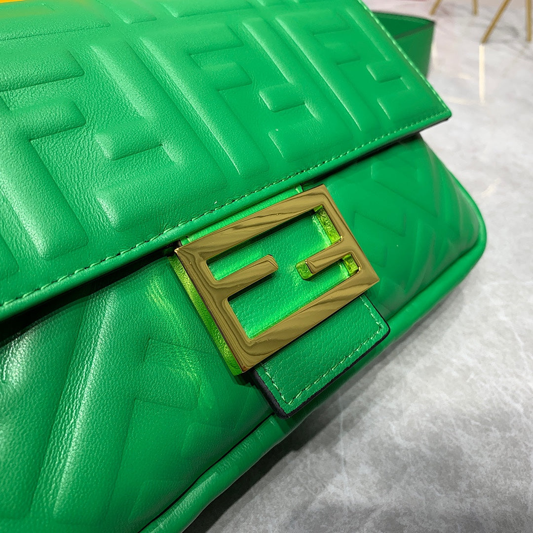Fendi Baguette Green FF Embossed Leather Shoulder Bag