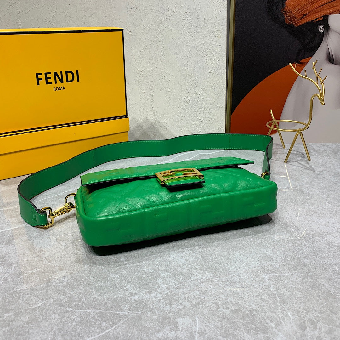 Fendi Baguette Green FF Embossed Leather Shoulder Bag