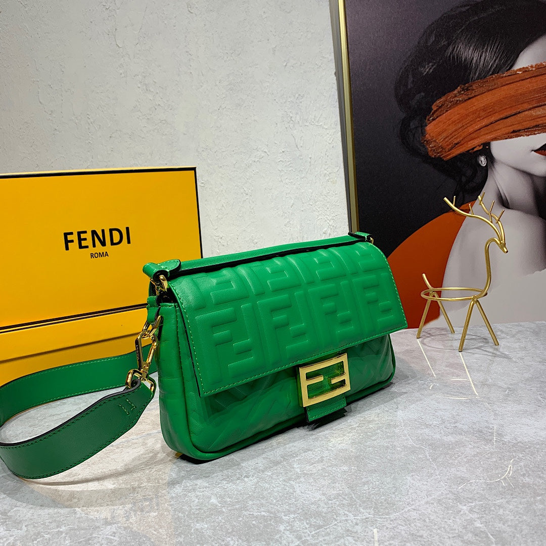 Fendi Baguette Green FF Embossed Leather Shoulder Bag