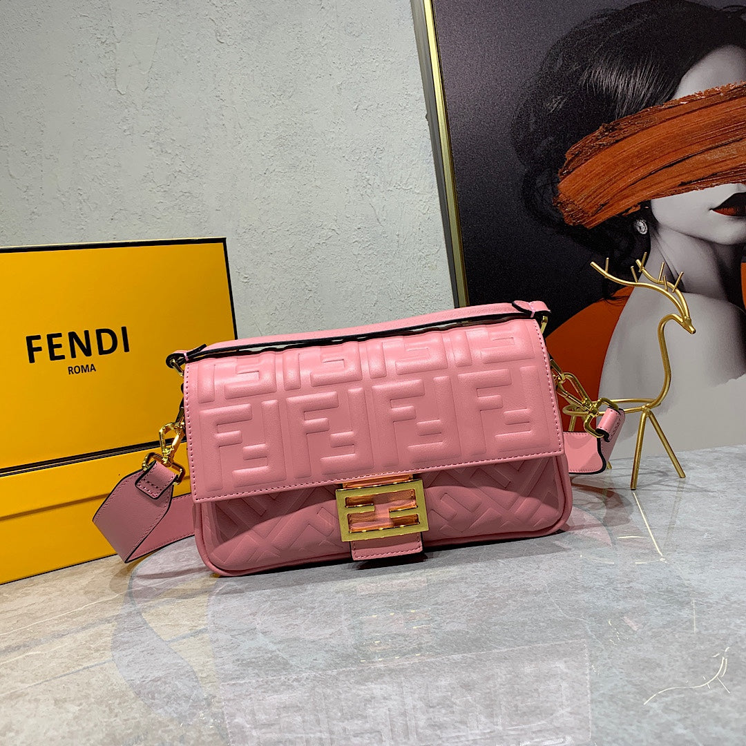 Fendi Baguette Bag FF Embossed Pink Nappa Leather with Gold-Tone Hardware