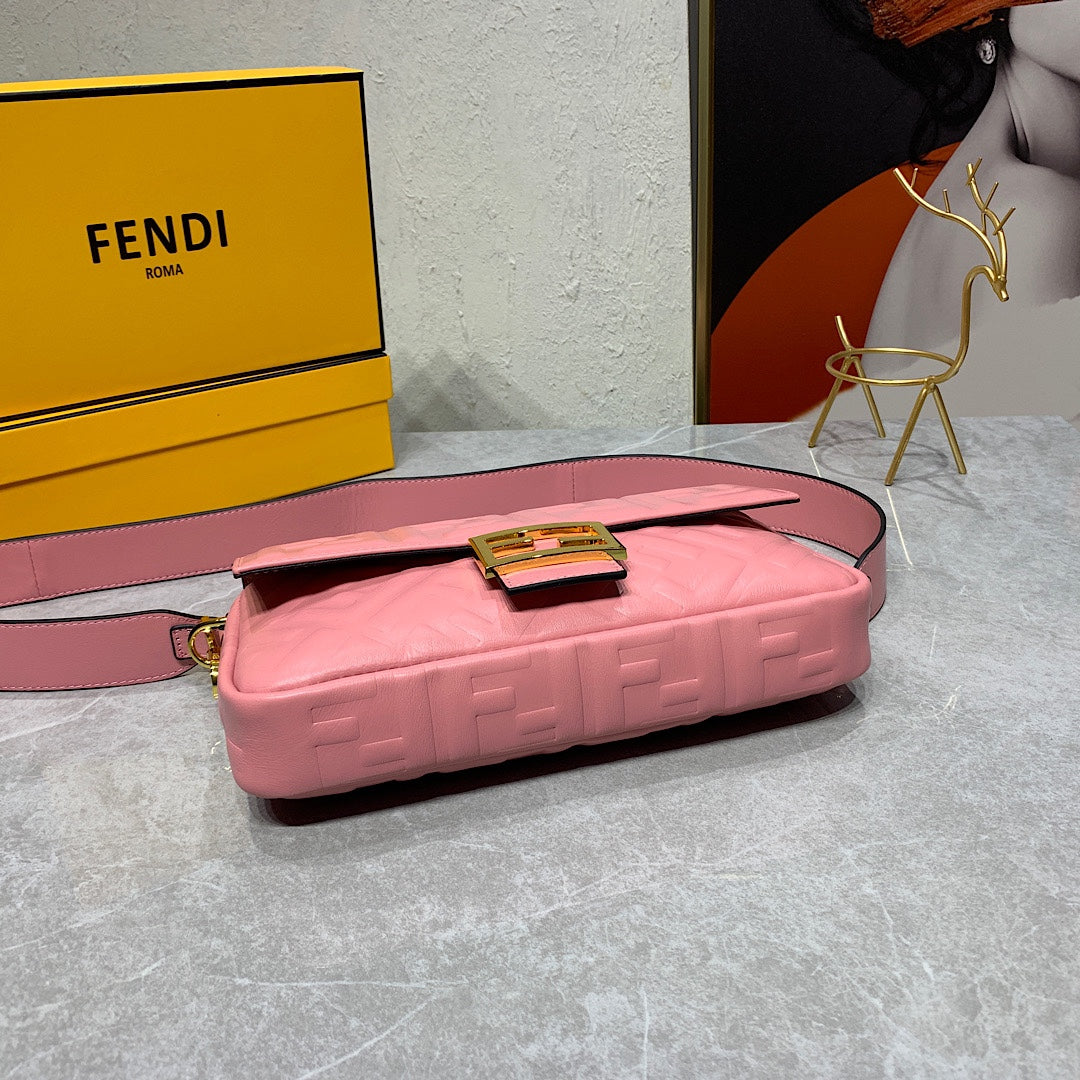 Fendi Baguette Bag FF Embossed Pink Nappa Leather with Gold-Tone Hardware