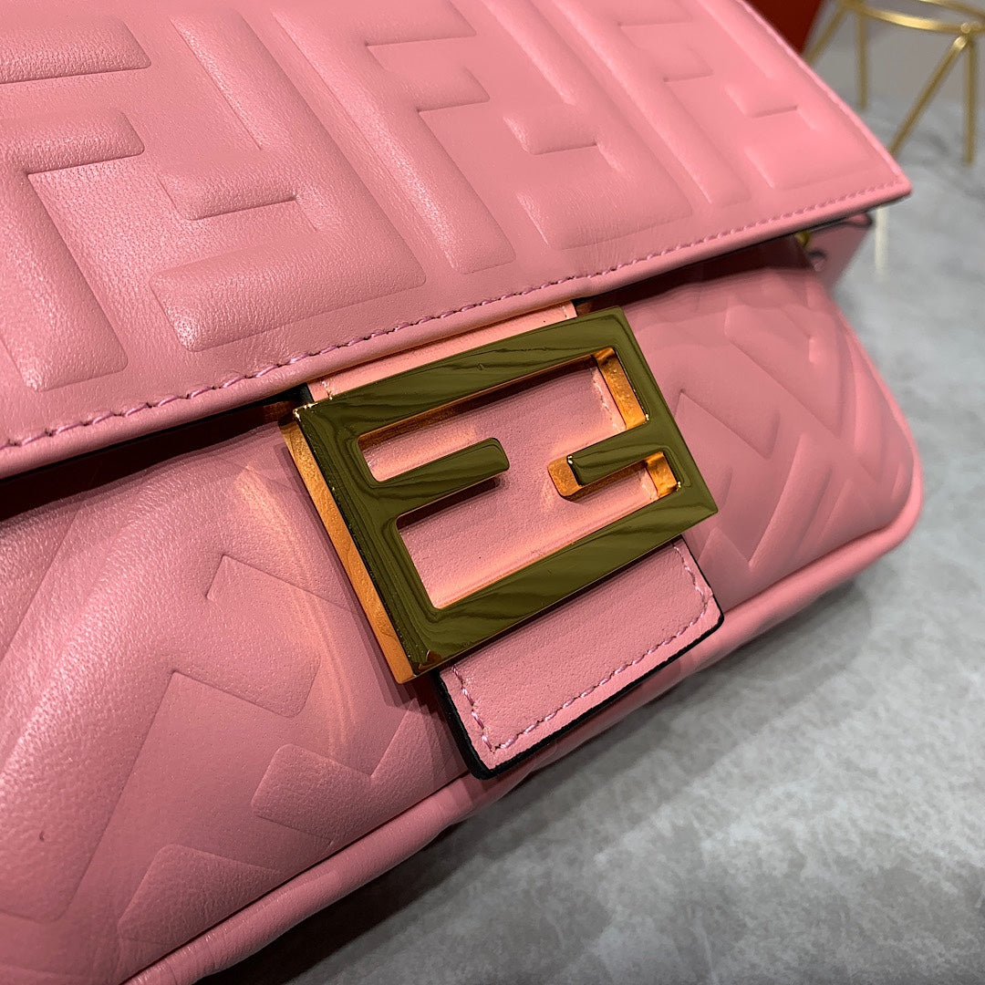 Fendi Baguette Bag FF Embossed Pink Nappa Leather with Gold-Tone Hardware