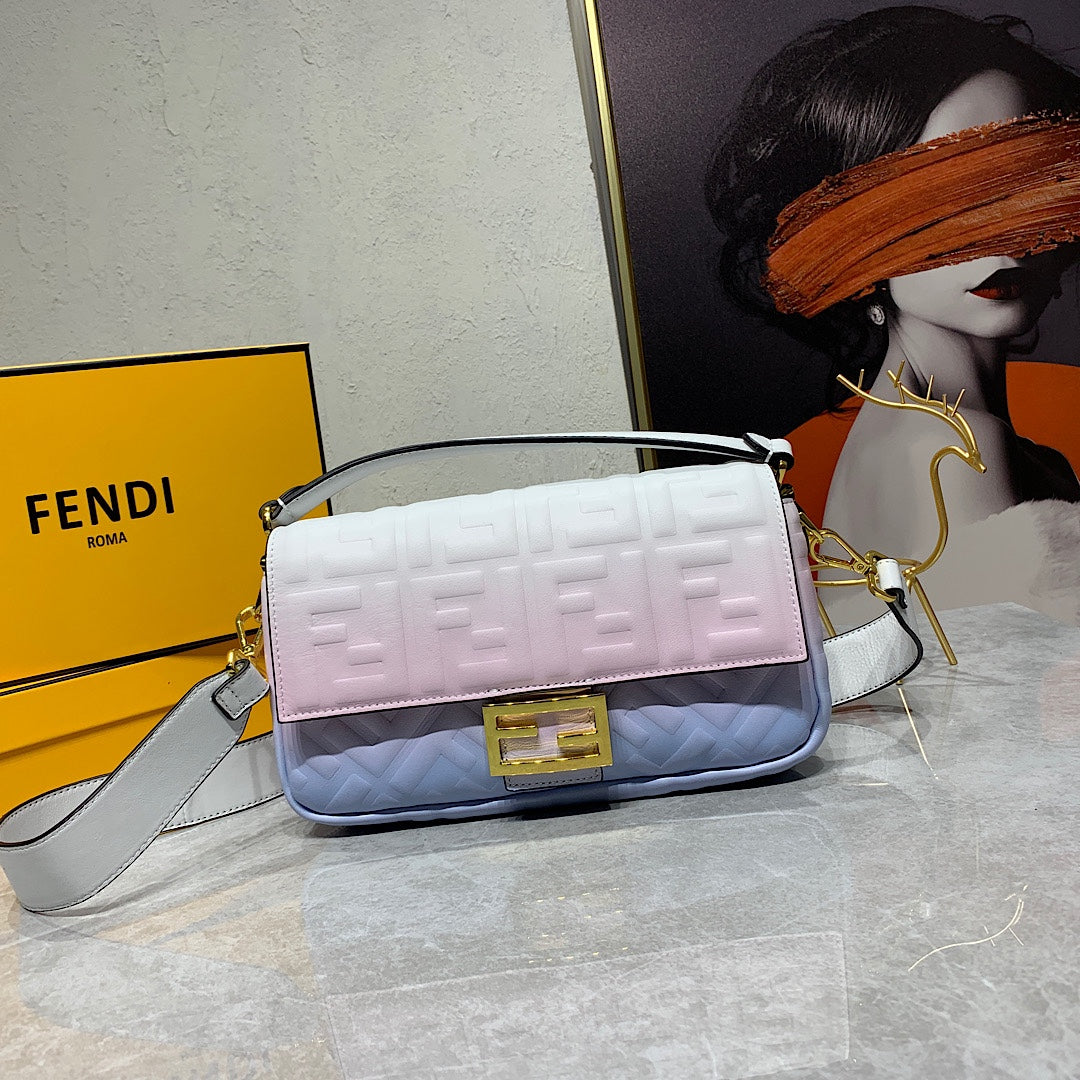 Fendi Baguette Pastel Gradient Embossed Leather Shoulder Bag - Pink White Blue