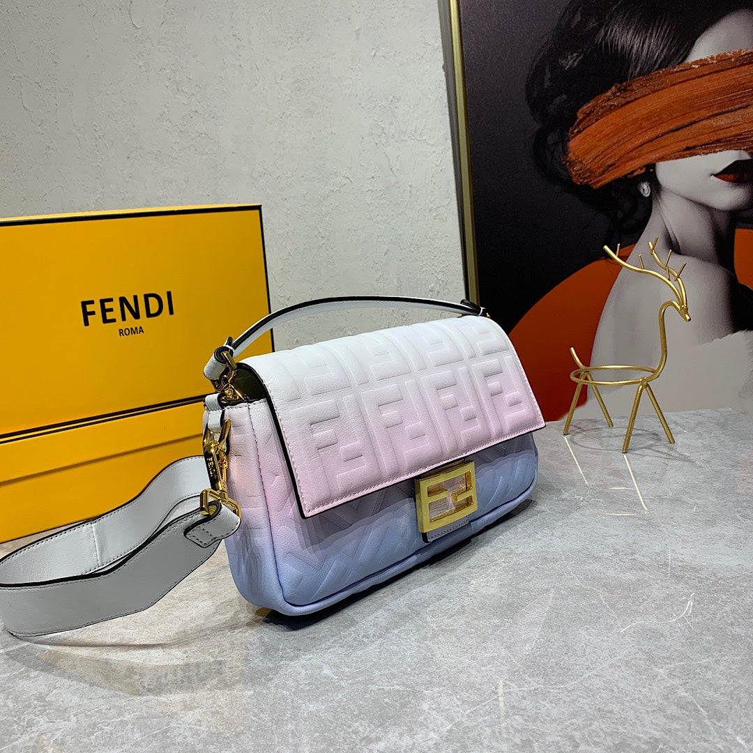 Fendi Baguette Pastel Gradient Embossed Leather Shoulder Bag - Pink White Blue