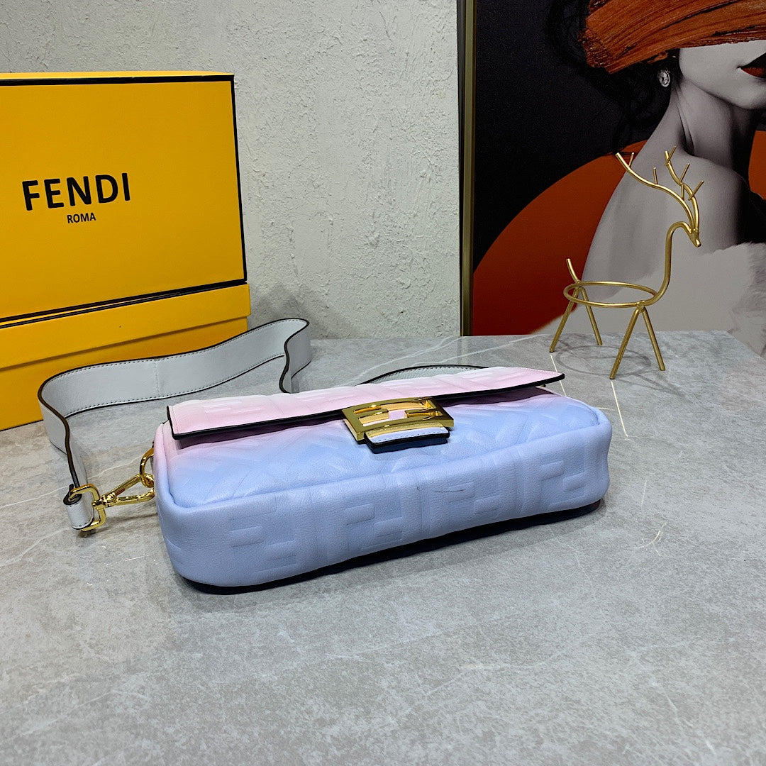 Fendi Baguette Pastel Gradient Embossed Leather Shoulder Bag - Pink White Blue