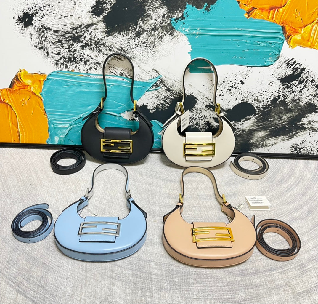 Women's Mini Crescent Leather Shoulder Bag with Iconic Metal Logo - Luxury Style