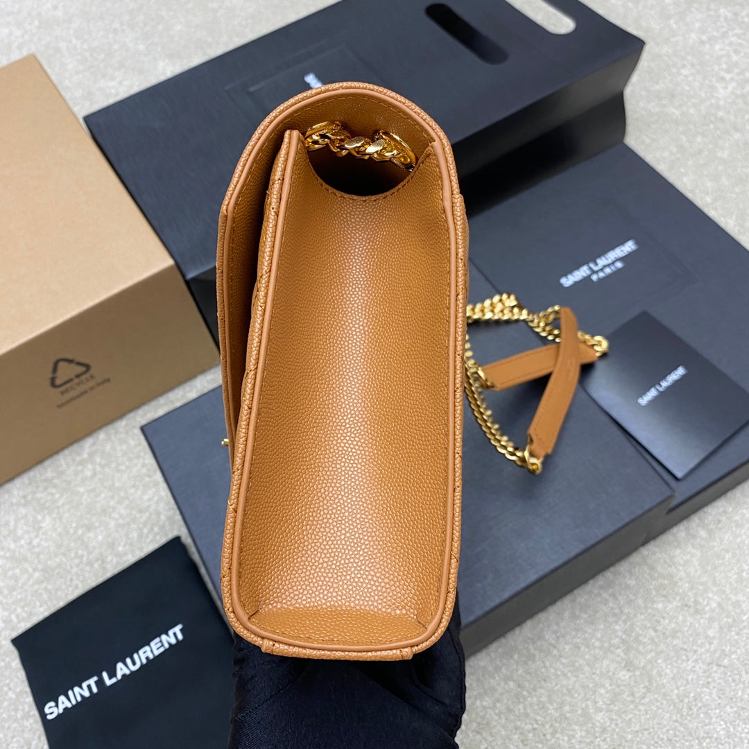 Saint Laurent Medium Envelope Bag in Quilted Grain de Poudre Leather - Tan
