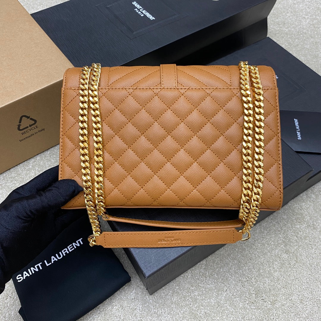 Saint Laurent Medium Envelope Bag in Quilted Grain de Poudre Leather - Tan