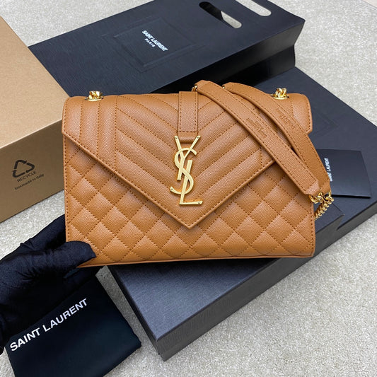 Saint Laurent Medium Envelope Bag in Quilted Grain de Poudre Leather - Tan