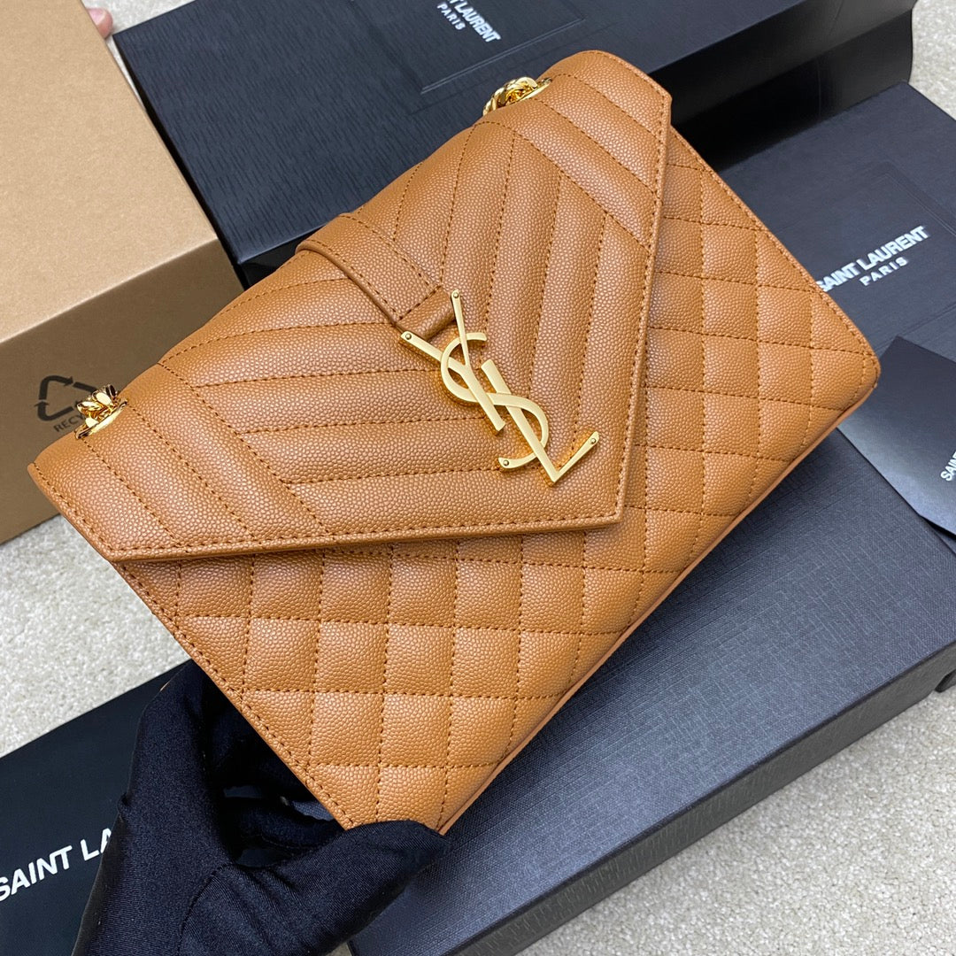 Saint Laurent Medium Envelope Bag in Quilted Grain de Poudre Leather - Tan
