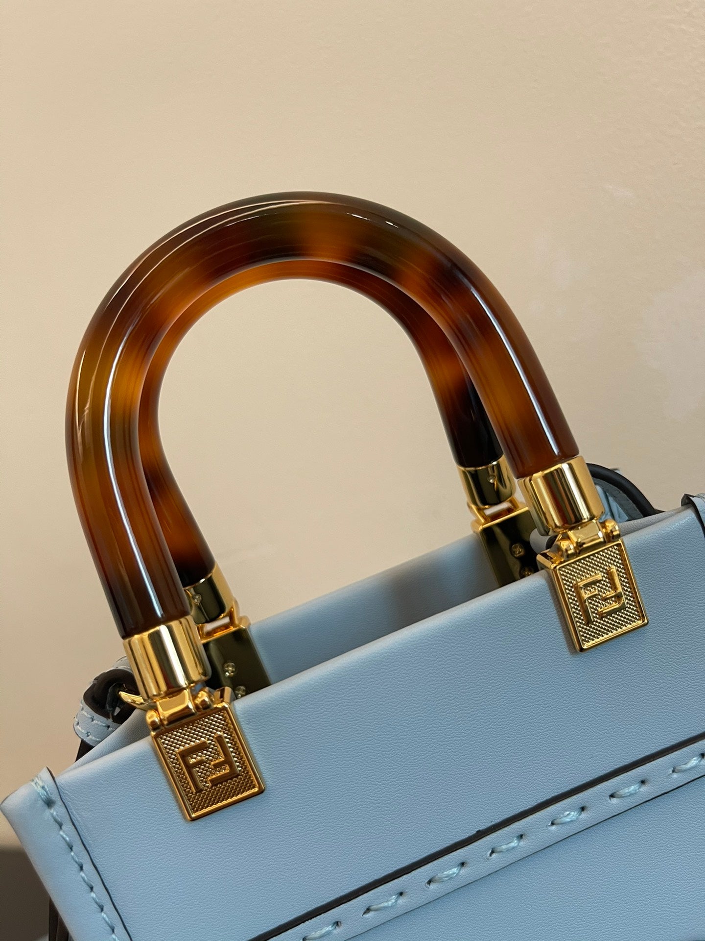Fendi Mini Sunshine Shopper Bag in Light Blue Leather with Tortoiseshell Handles