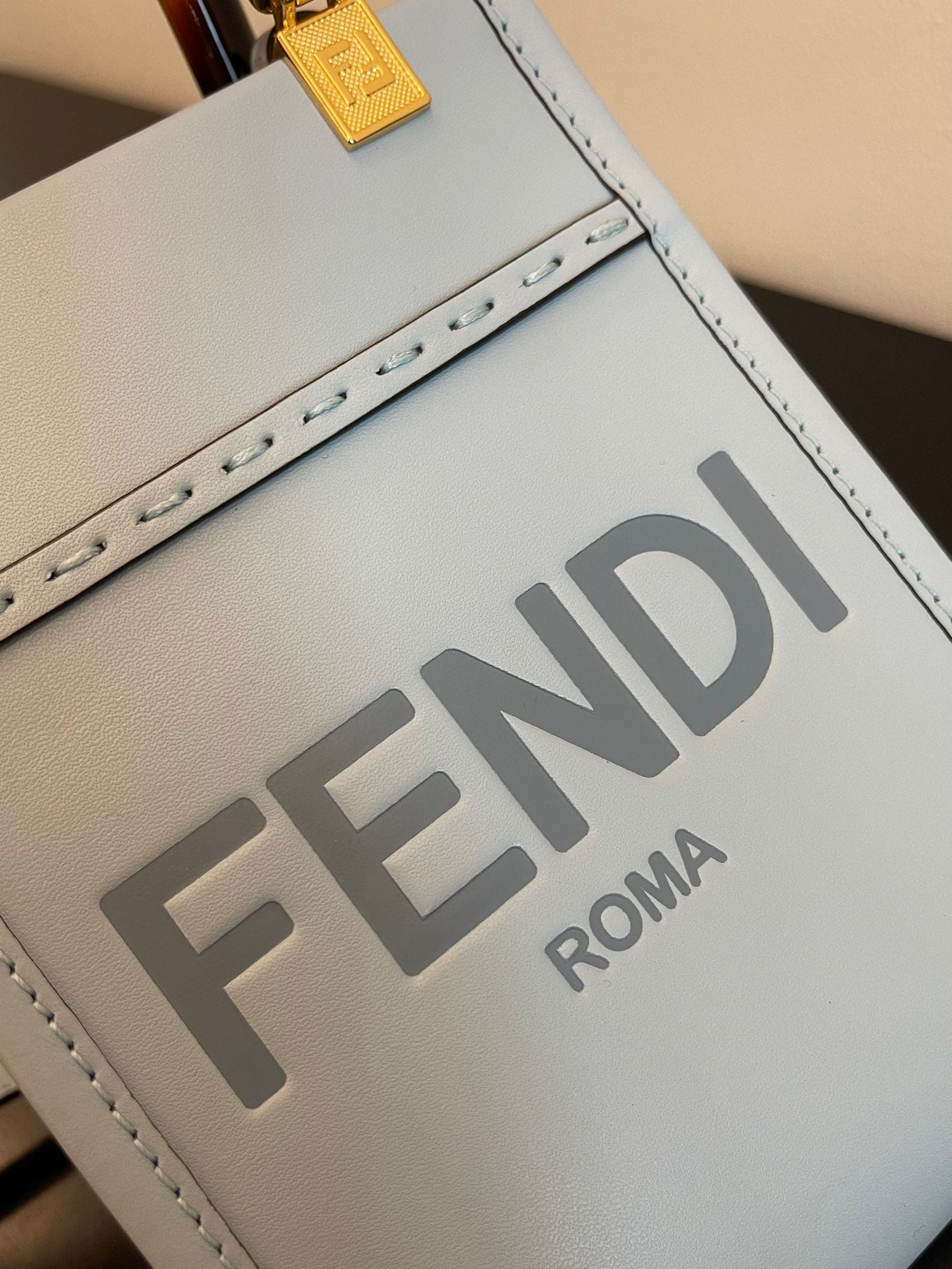 Fendi Mini Sunshine Shopper Bag in Light Blue Leather with Tortoiseshell Handles