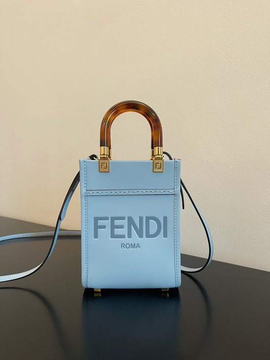 Fendi Mini Sunshine Shopper Bag in Light Blue Leather with Tortoiseshell Handles