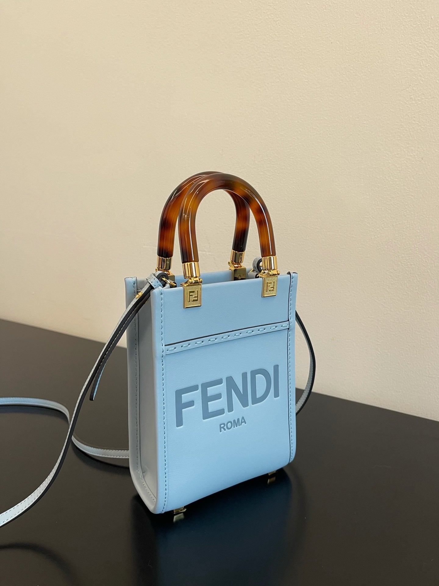Fendi Mini Sunshine Shopper Bag in Light Blue Leather with Tortoiseshell Handles