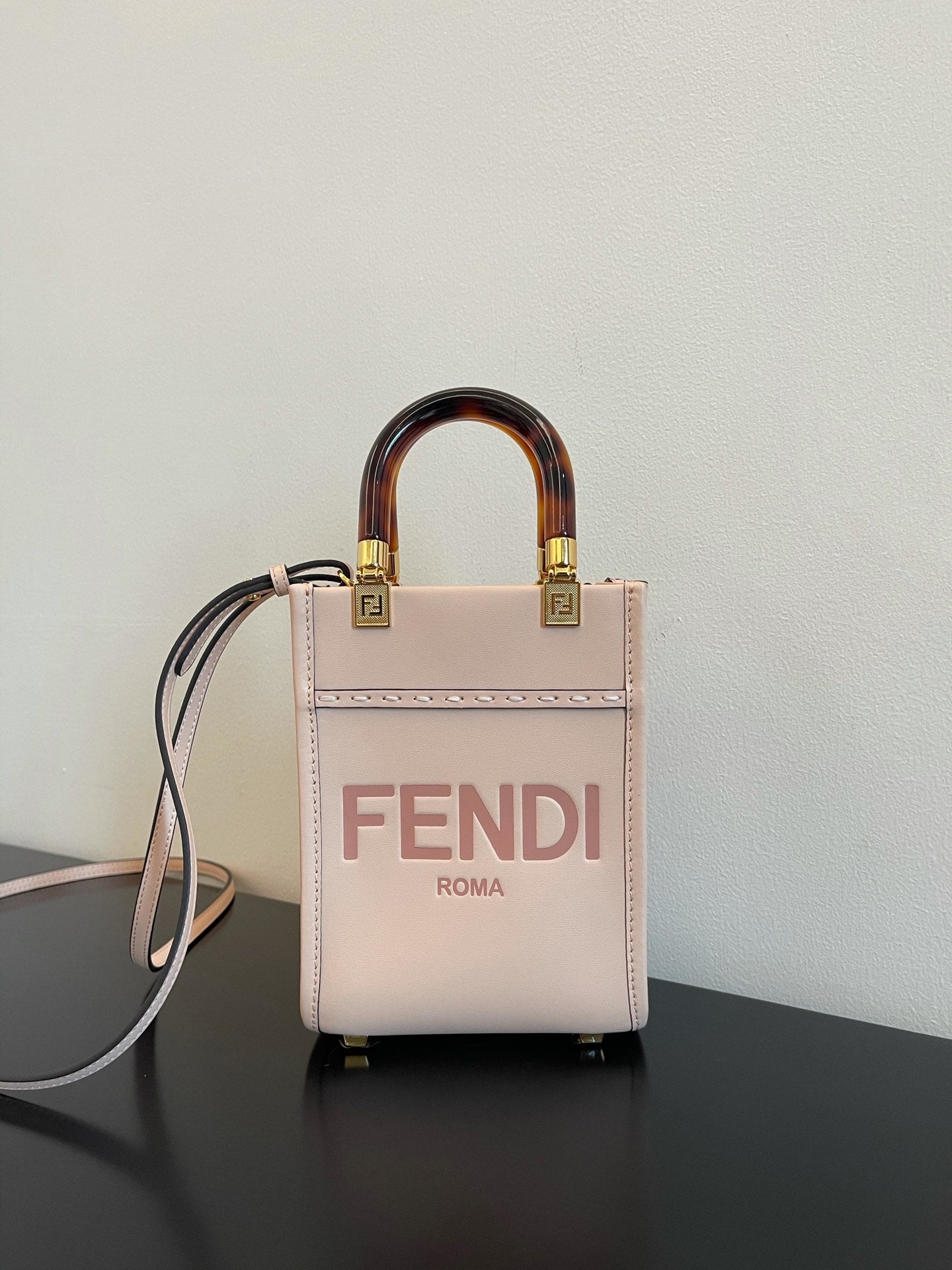 Fendi Mini Sunshine Shopper Bag in Pale Pink Leather with Tortoiseshell Handles