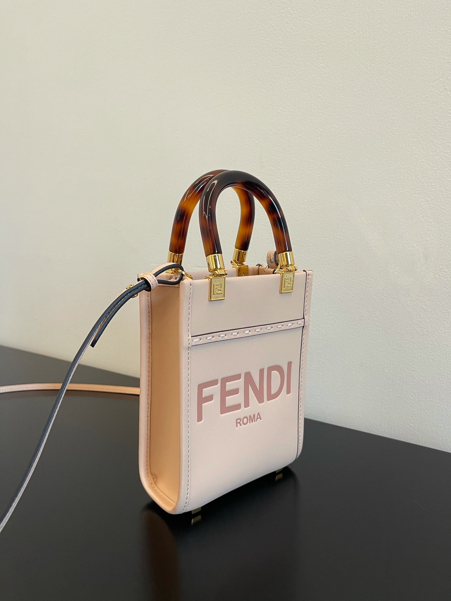 Fendi Mini Sunshine Shopper Bag in Pale Pink Leather with Tortoiseshell Handles
