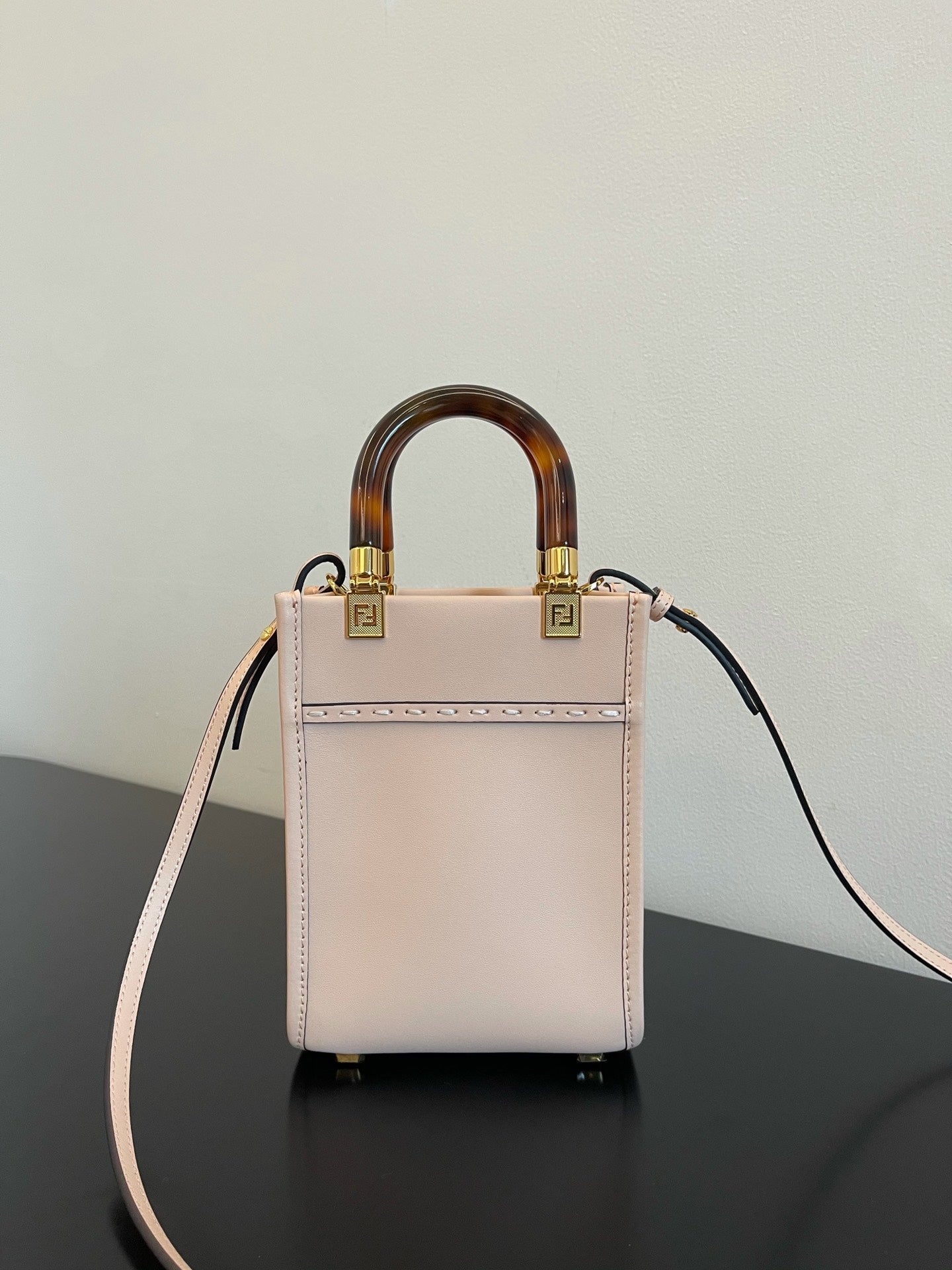 Fendi Mini Sunshine Shopper Bag in Pale Pink Leather with Tortoiseshell Handles