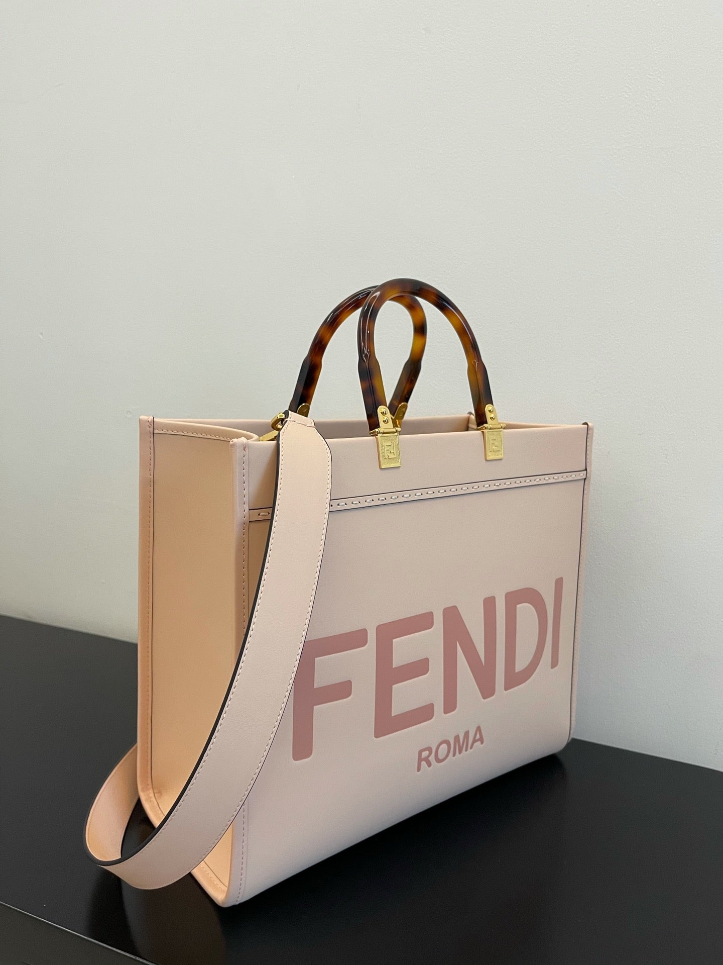 Fendi Sunshine Shopper Pink Canvas Tote Bag with Tortoiseshell Handles