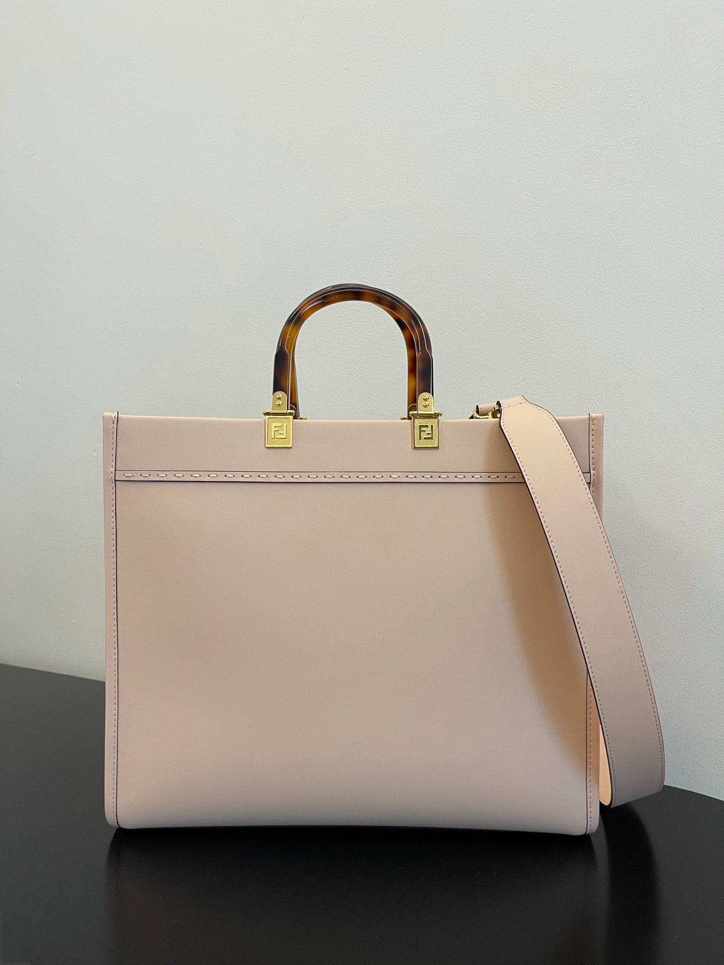 Fendi Sunshine Shopper Pink Canvas Tote Bag with Tortoiseshell Handles