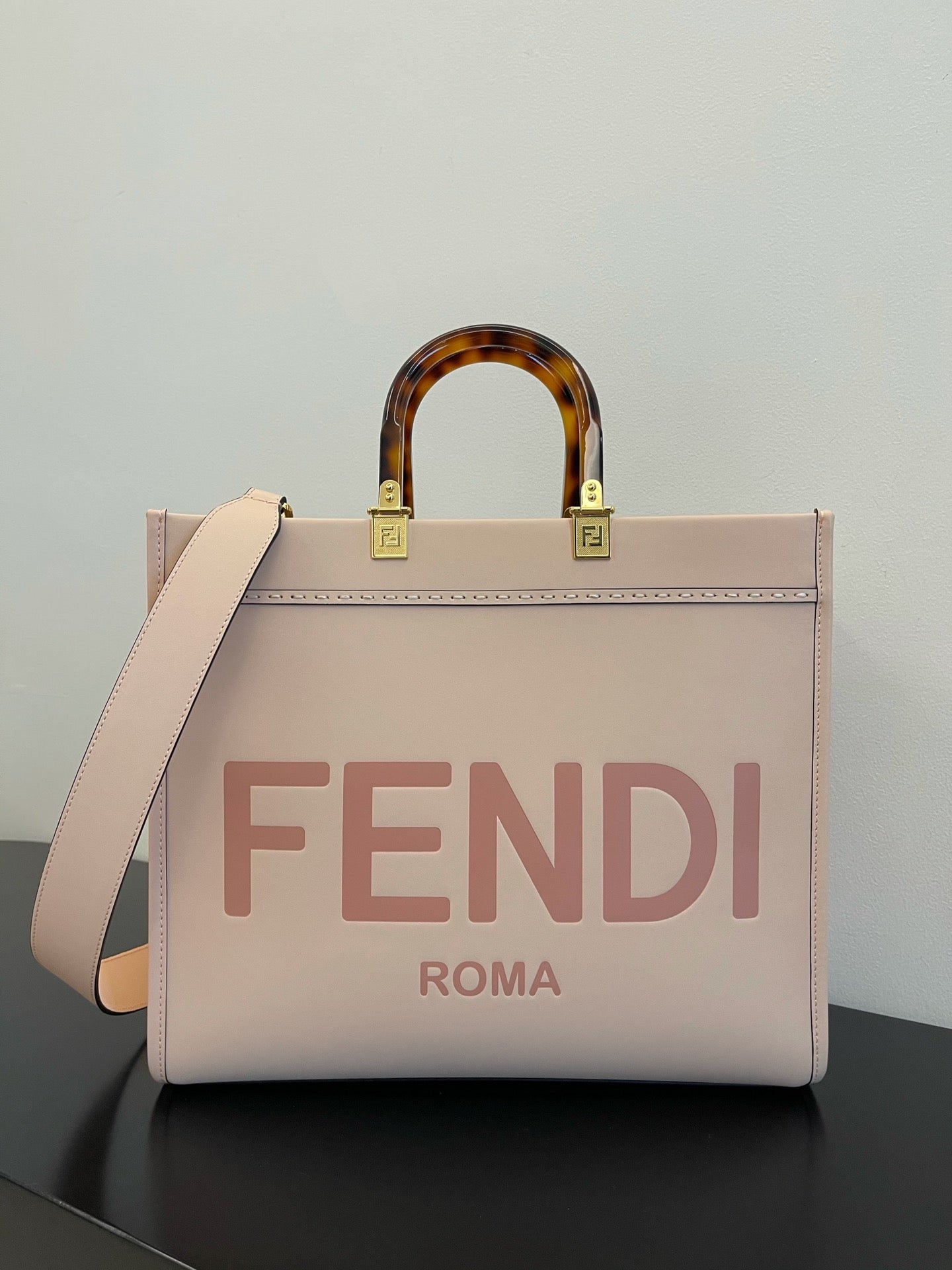 Fendi Sunshine Shopper Pink Canvas Tote Bag with Tortoiseshell Handles