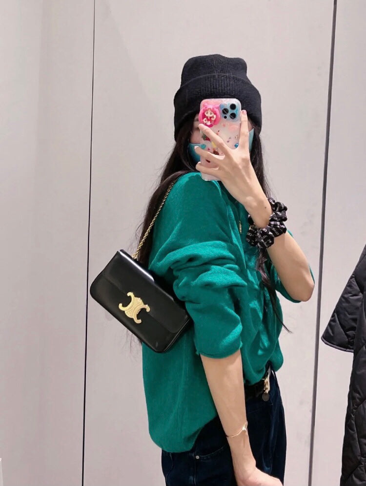 Celine Triomphe Leather Shoulder Bag in Black with Gold Hardware