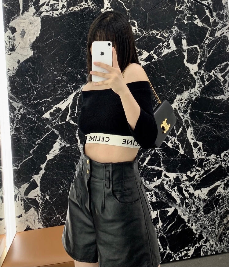 Celine Triomphe Leather Shoulder Bag in Black with Gold Hardware
