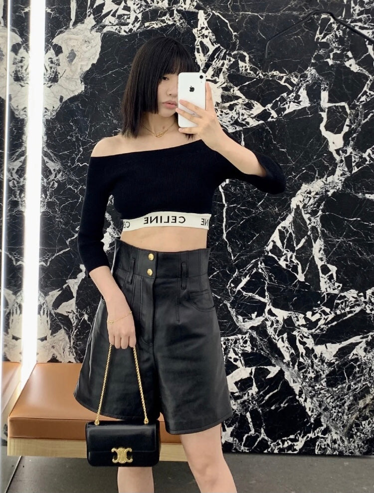 Celine Triomphe Leather Shoulder Bag in Black with Gold Hardware