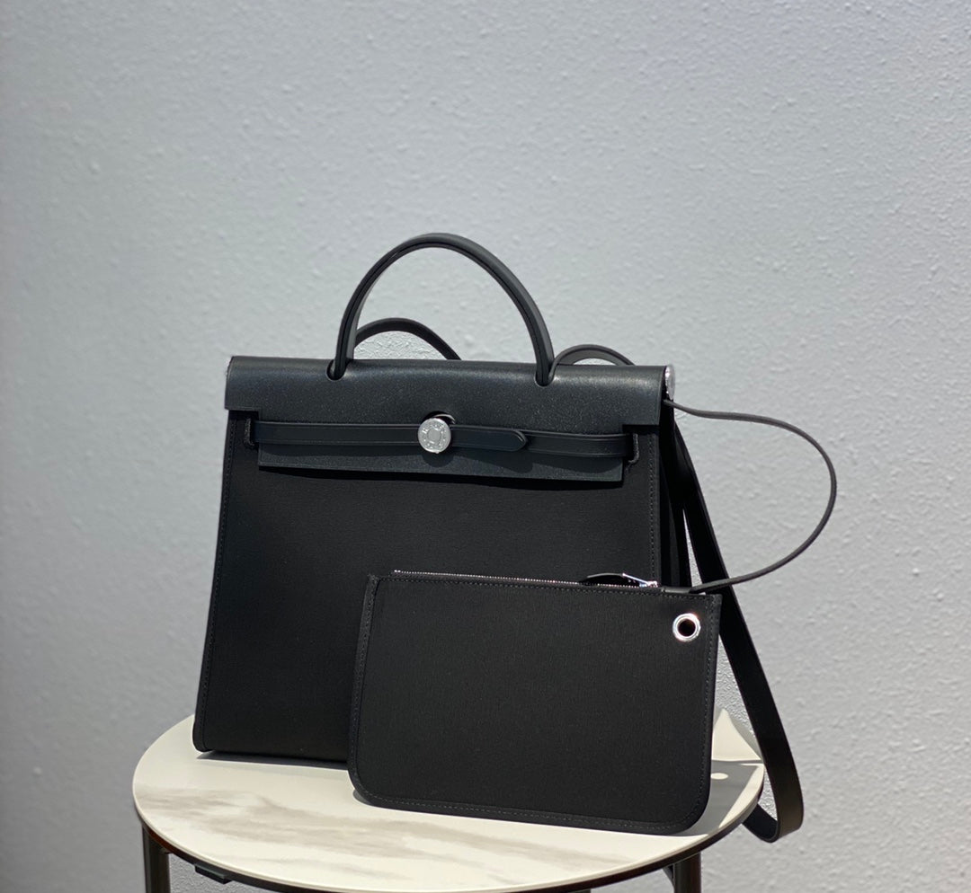 Elegant Black Canvas and Leather Top Handle Shoulder Bag - Classic Minimalist Satchel