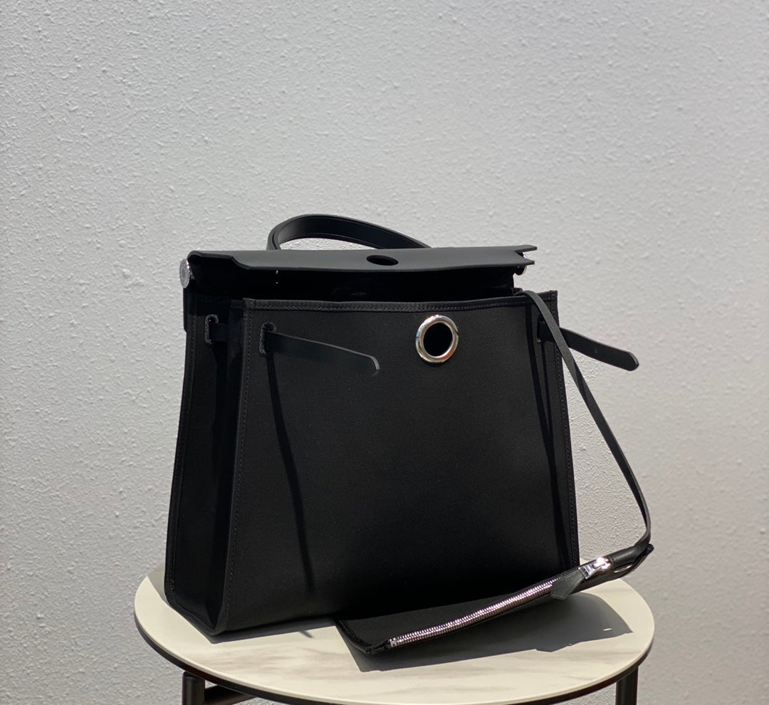 Elegant Black Canvas and Leather Top Handle Shoulder Bag - Classic Minimalist Satchel