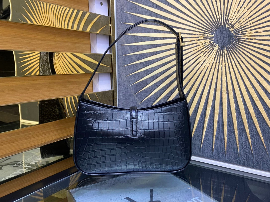 Saint Laurent Le 5 à 7 Hobo Bag in Black Crocodile-Embossed Leather