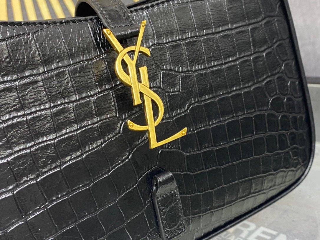Saint Laurent Le 5 à 7 Hobo Bag in Black Crocodile-Embossed Leather
