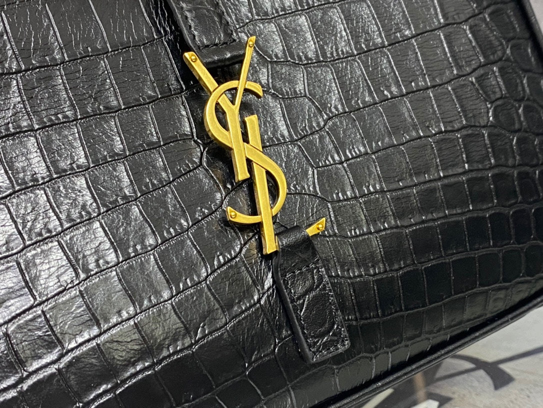 Saint Laurent Le 5 à 7 Hobo Bag in Black Crocodile-Embossed Leather