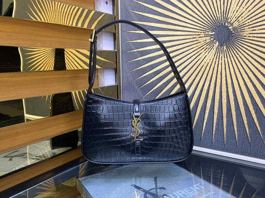 Saint Laurent Le 5 à 7 Hobo Bag in Black Crocodile-Embossed Leather