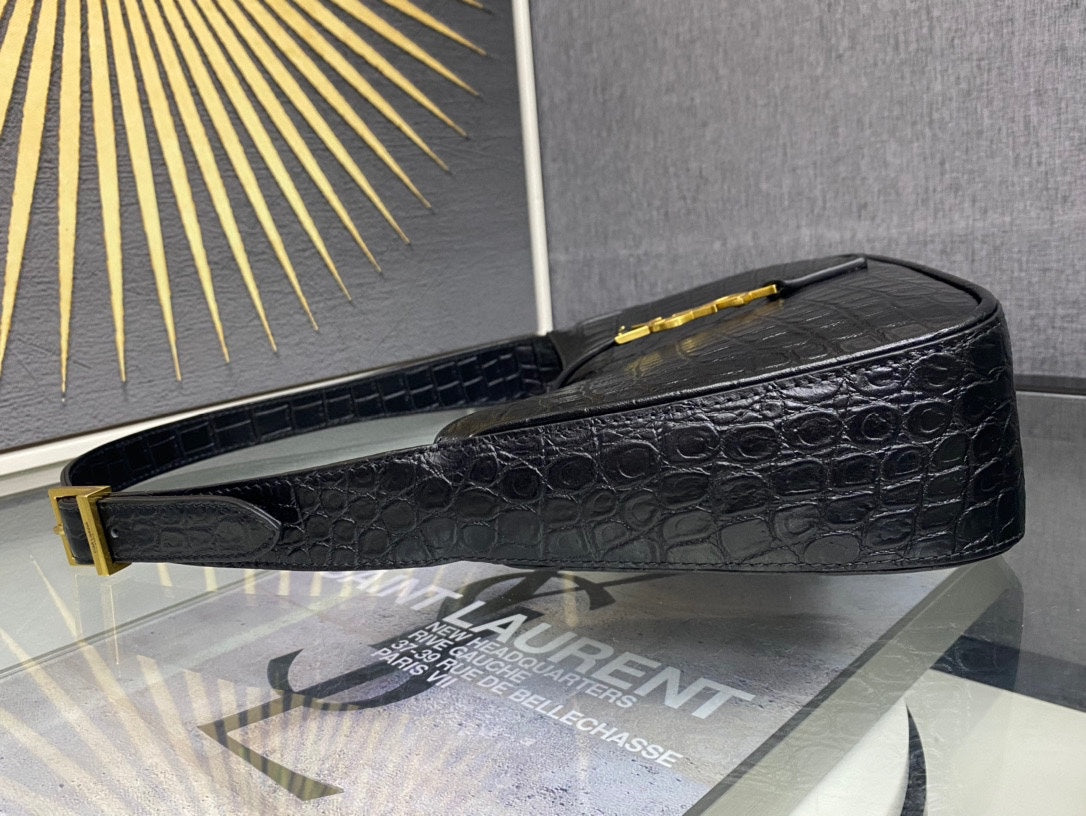 Saint Laurent Le 5 à 7 Hobo Bag in Black Crocodile-Embossed Leather