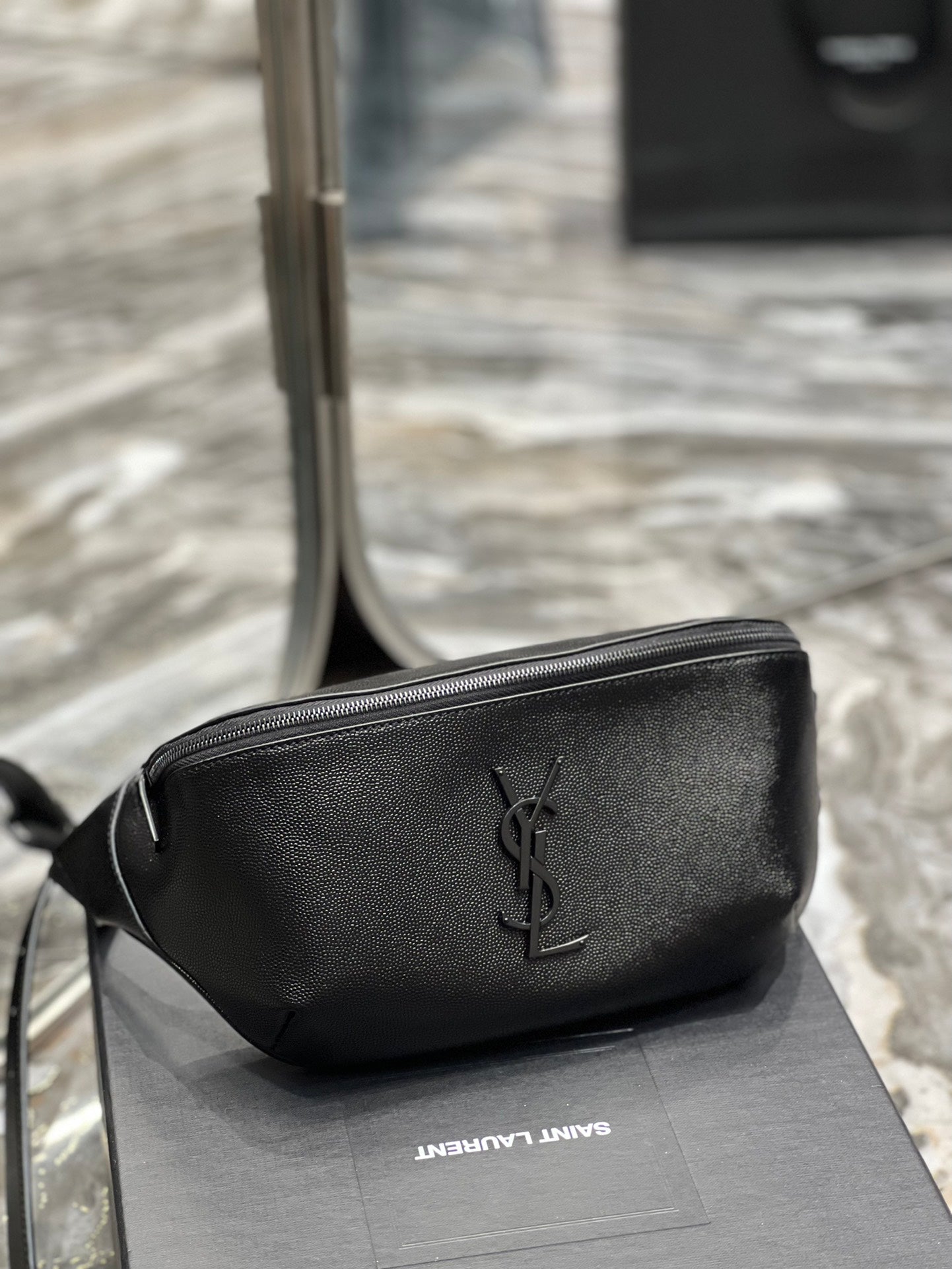 Saint Laurent Cassandre Belt Bag in Black Grain de Poudre Leather