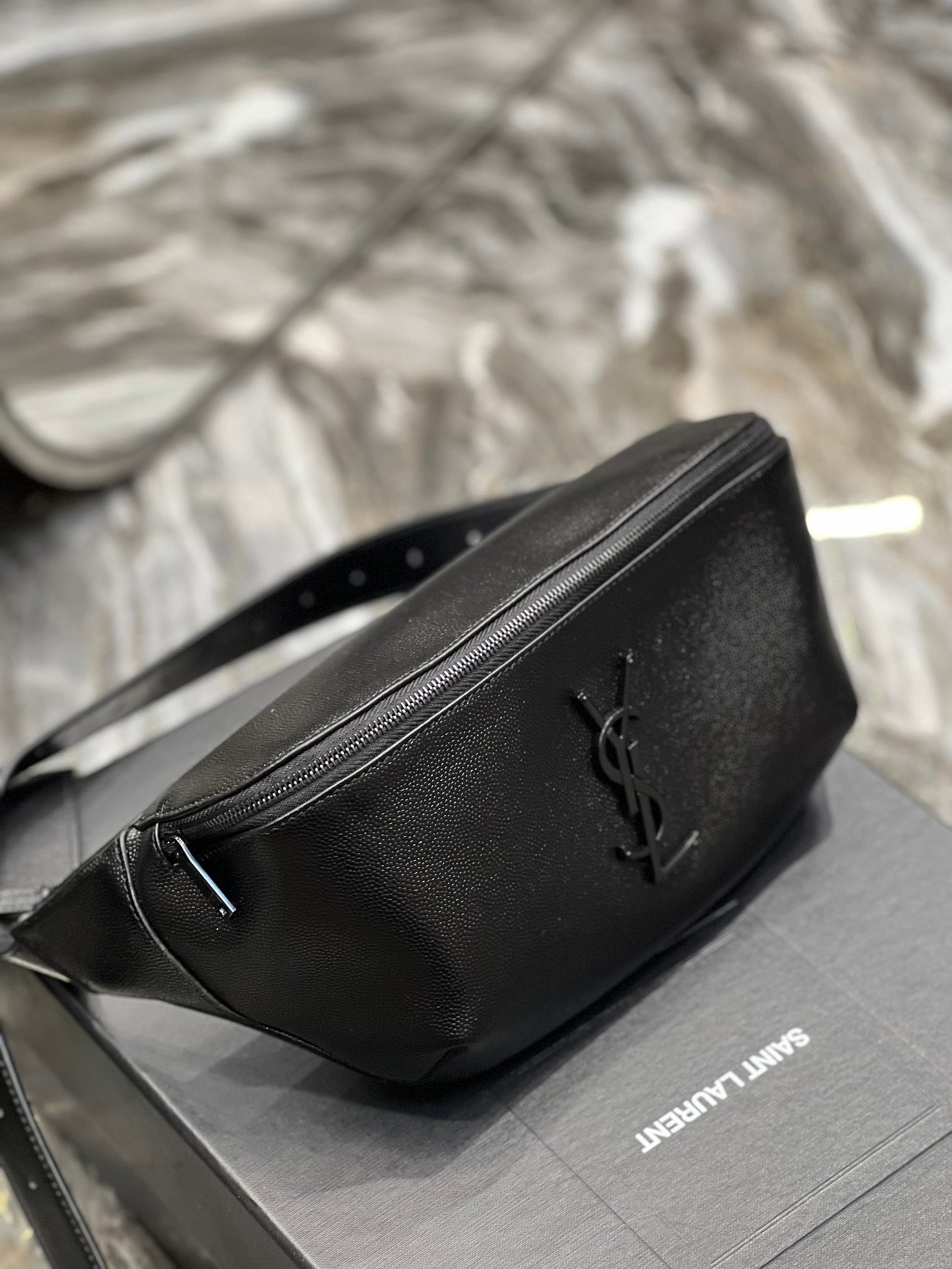 Saint Laurent Cassandre Belt Bag in Black Grain de Poudre Leather