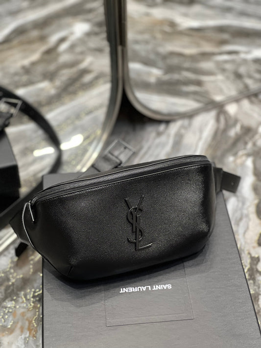 Saint Laurent Cassandre Belt Bag in Black Grain de Poudre Leather