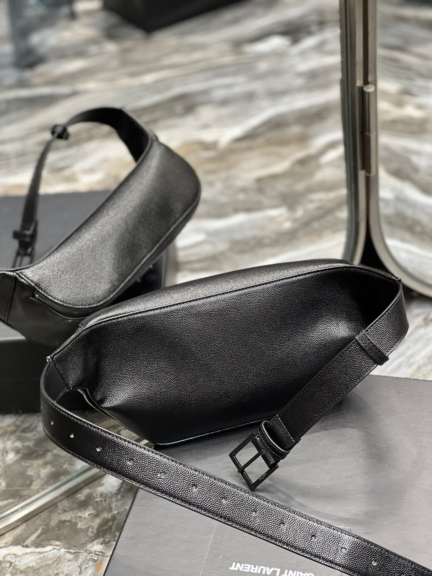 Saint Laurent Cassandre Belt Bag in Black Grain de Poudre Leather