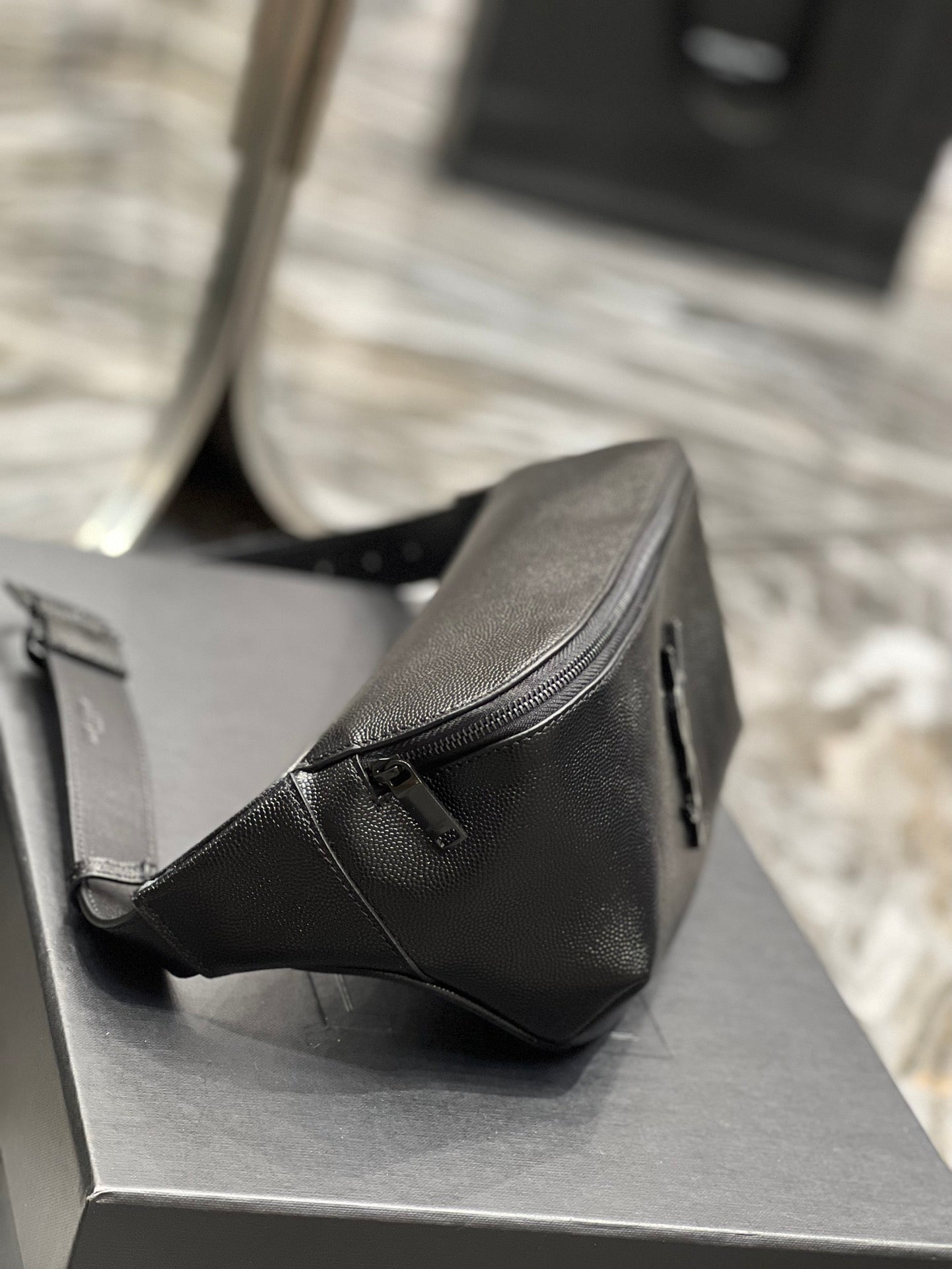 Saint Laurent Cassandre Belt Bag in Black Grain de Poudre Leather