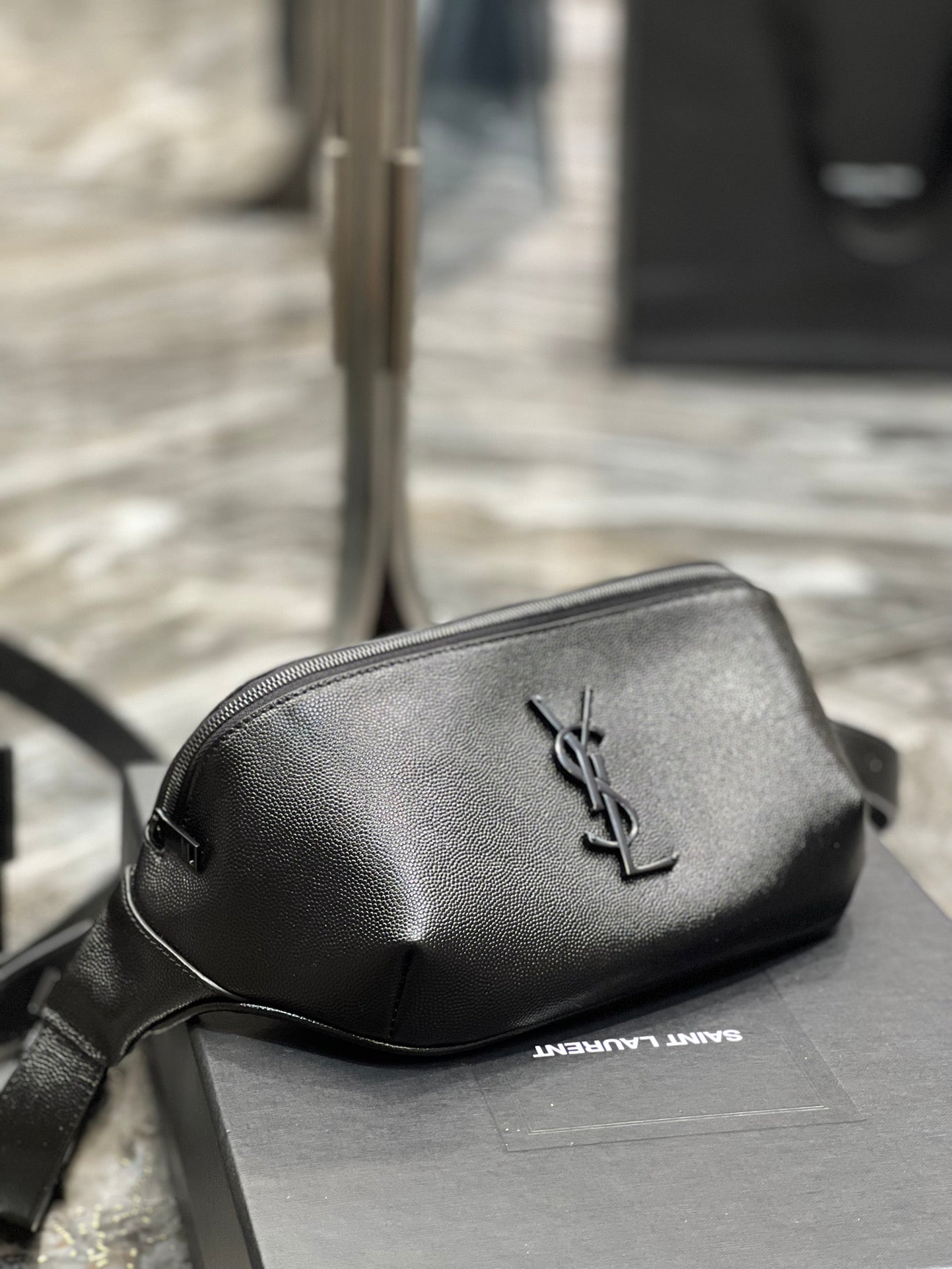 Saint Laurent Cassandre Belt Bag in Black Grain de Poudre Leather