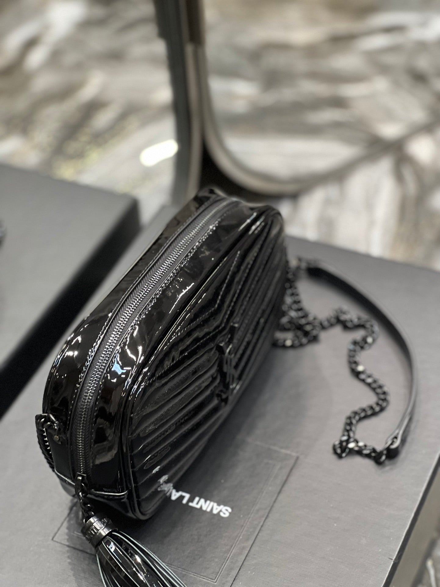Quilted Black Patent Leather Crossbody Camera Bag with Tassel and Chain Strap