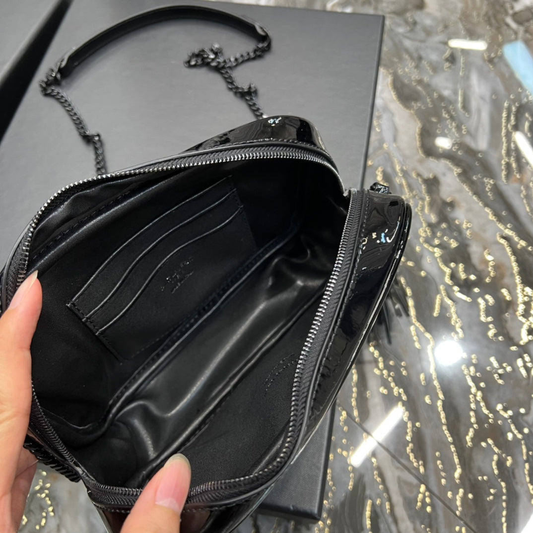 Quilted Black Patent Leather Crossbody Camera Bag with Tassel and Chain Strap