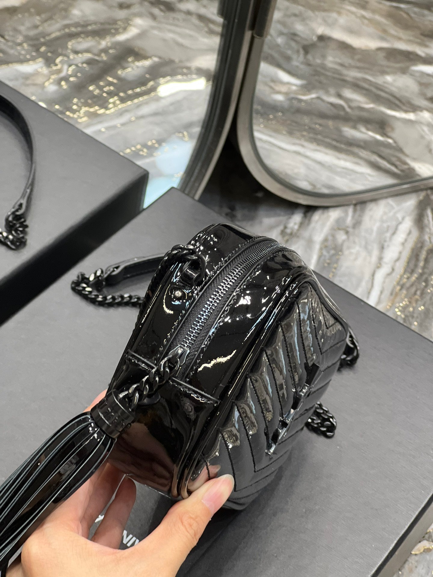 Quilted Black Patent Leather Crossbody Camera Bag with Tassel and Chain Strap
